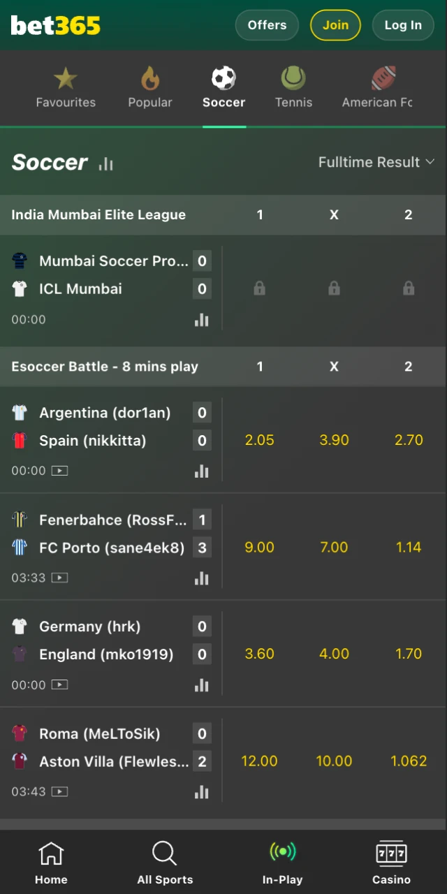 Explore the sport interface in the Bet 365 App to place athletic bets.