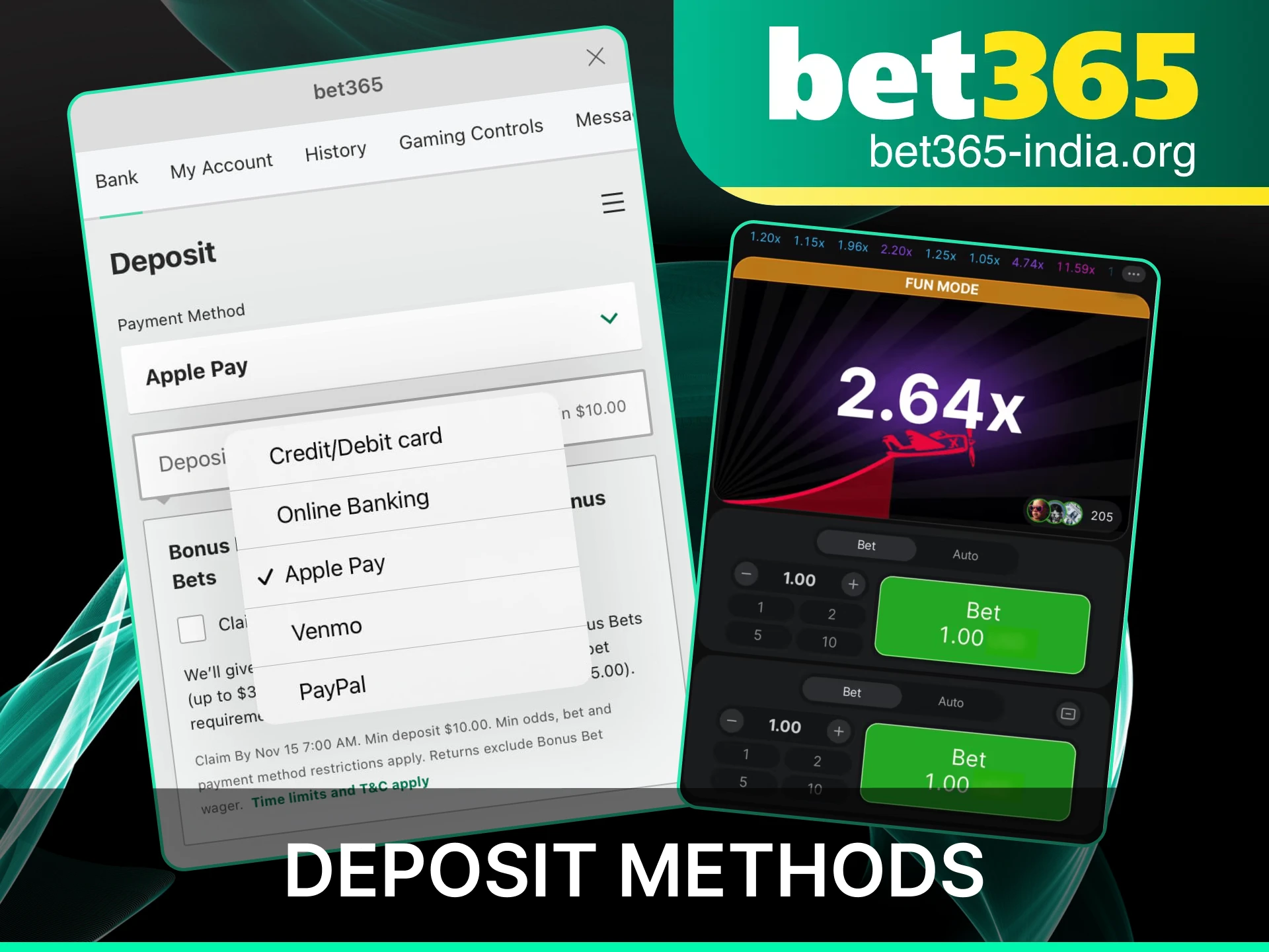 Fund your official Bet365 India account using secure deposit methods to play the Aviator game.