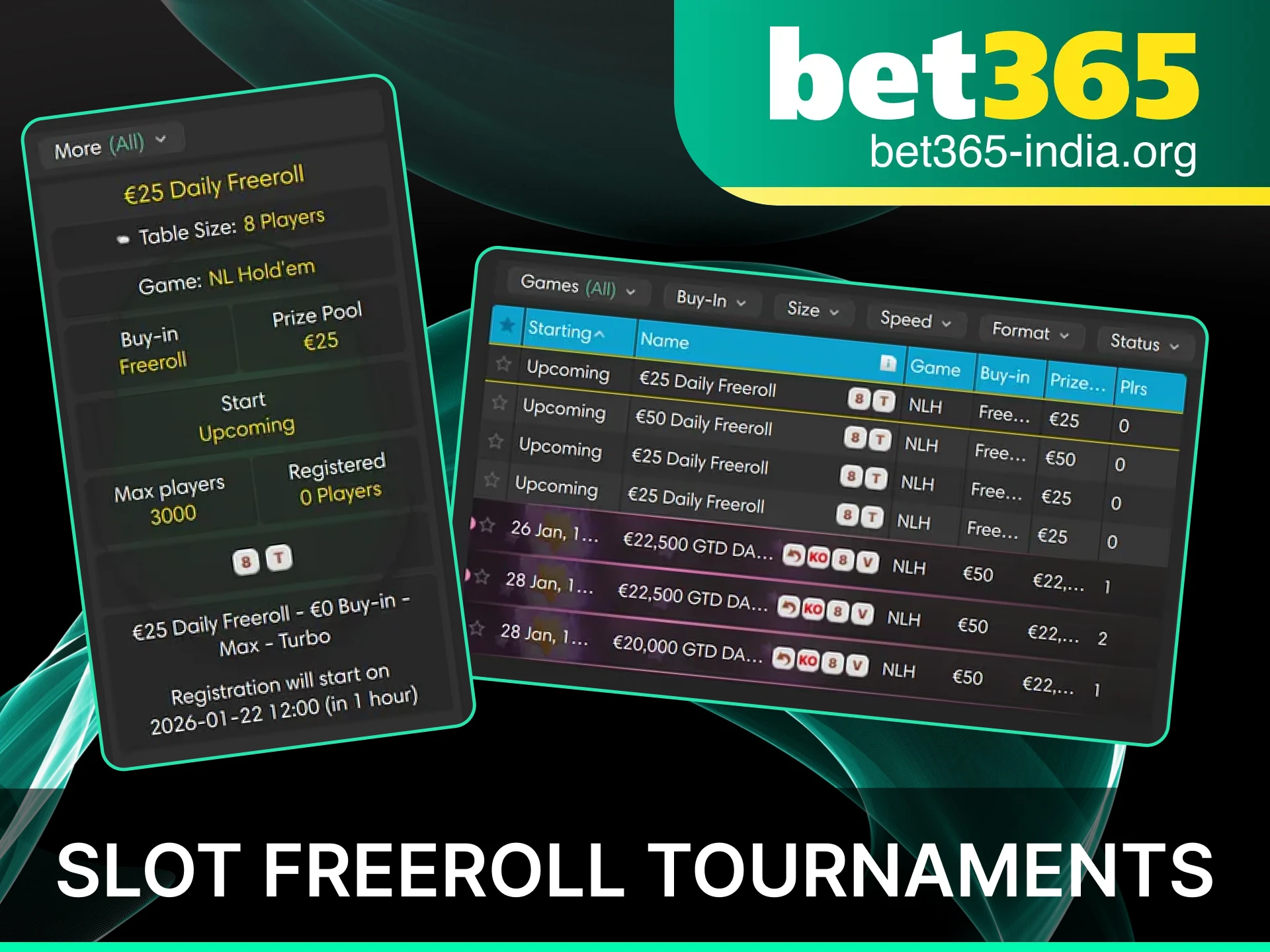 Participate in official Bet365 India slot freeroll tournaments for a chance to win real prizes without an entry fee.