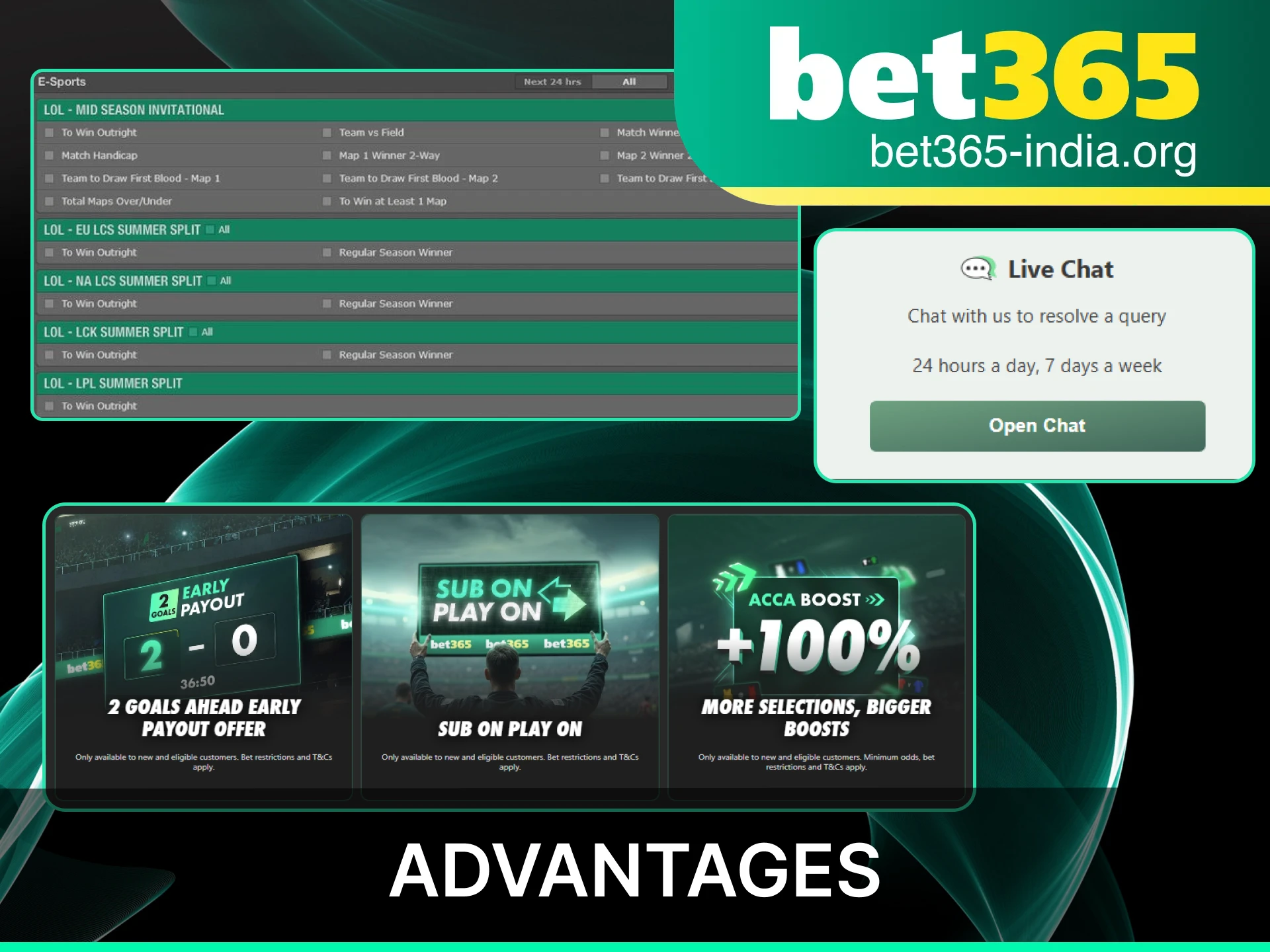 Benefit from competitive odds, live streaming, and advanced betting features at official Bet365 India for esports.