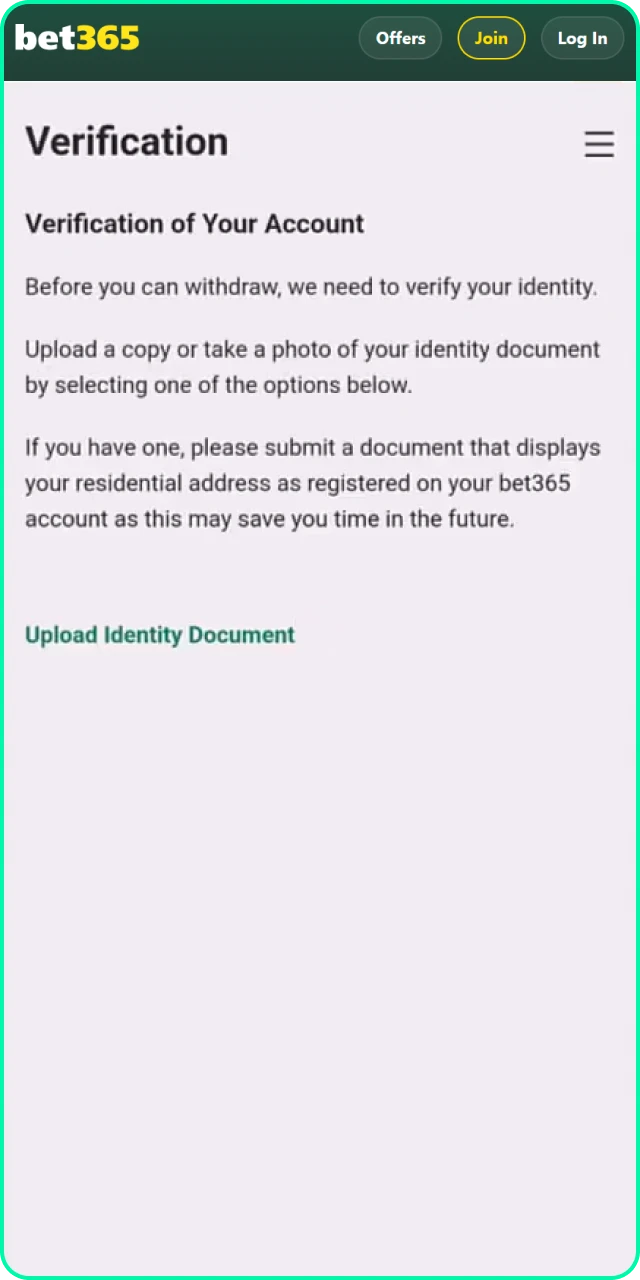 Upload a valid identity document to complete your Bet365 India account verification.