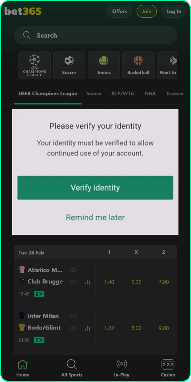 Verify your identity on the official Bet365 India platform to enable withdrawals.