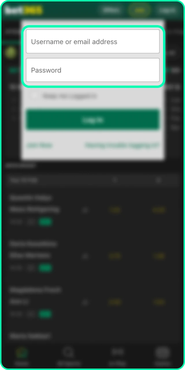 Enter your credentials to access your personal Bet 365 account profile.