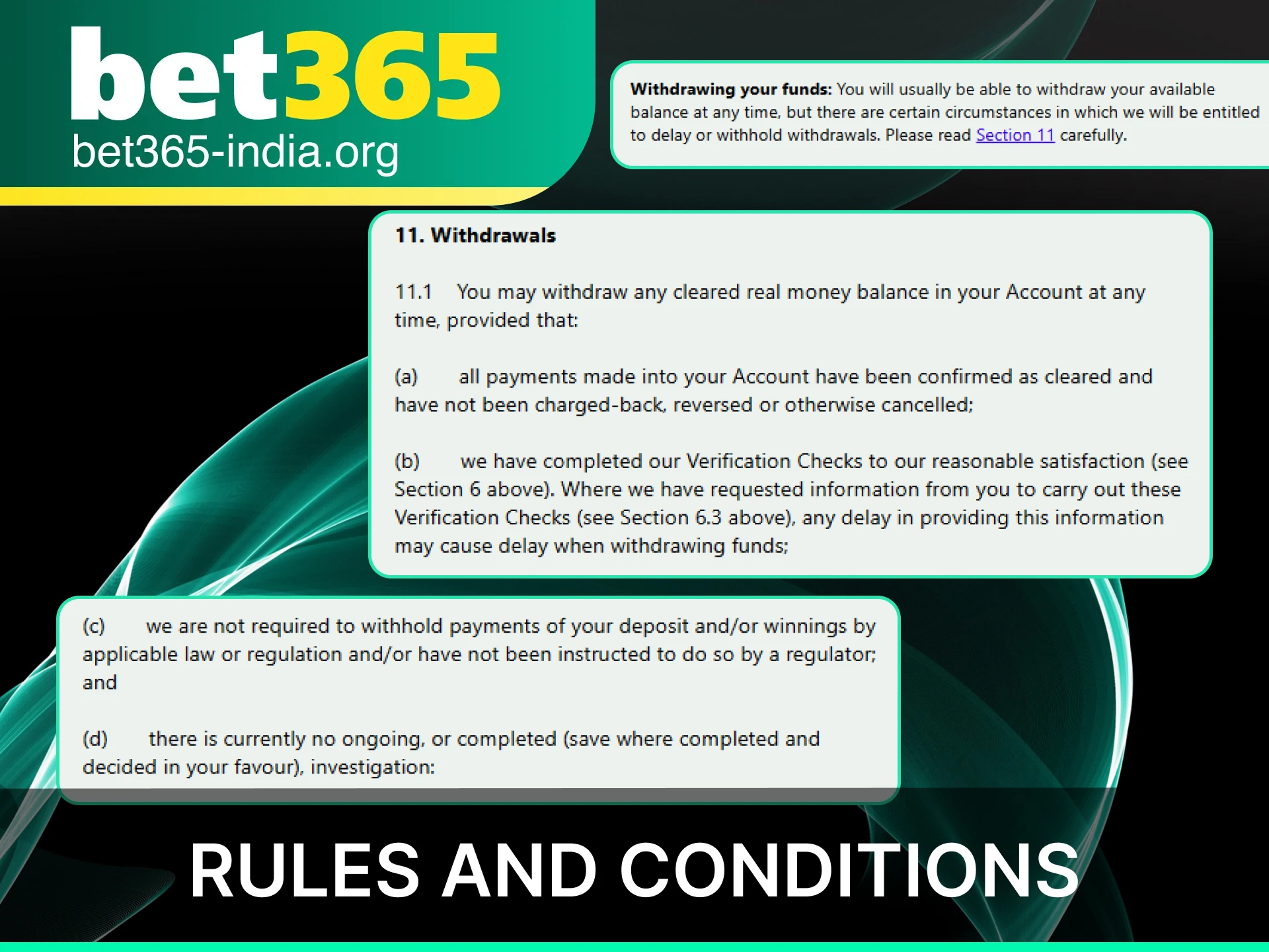 Review the official Bet365 India withdrawal rules to ensure a smooth payout process.