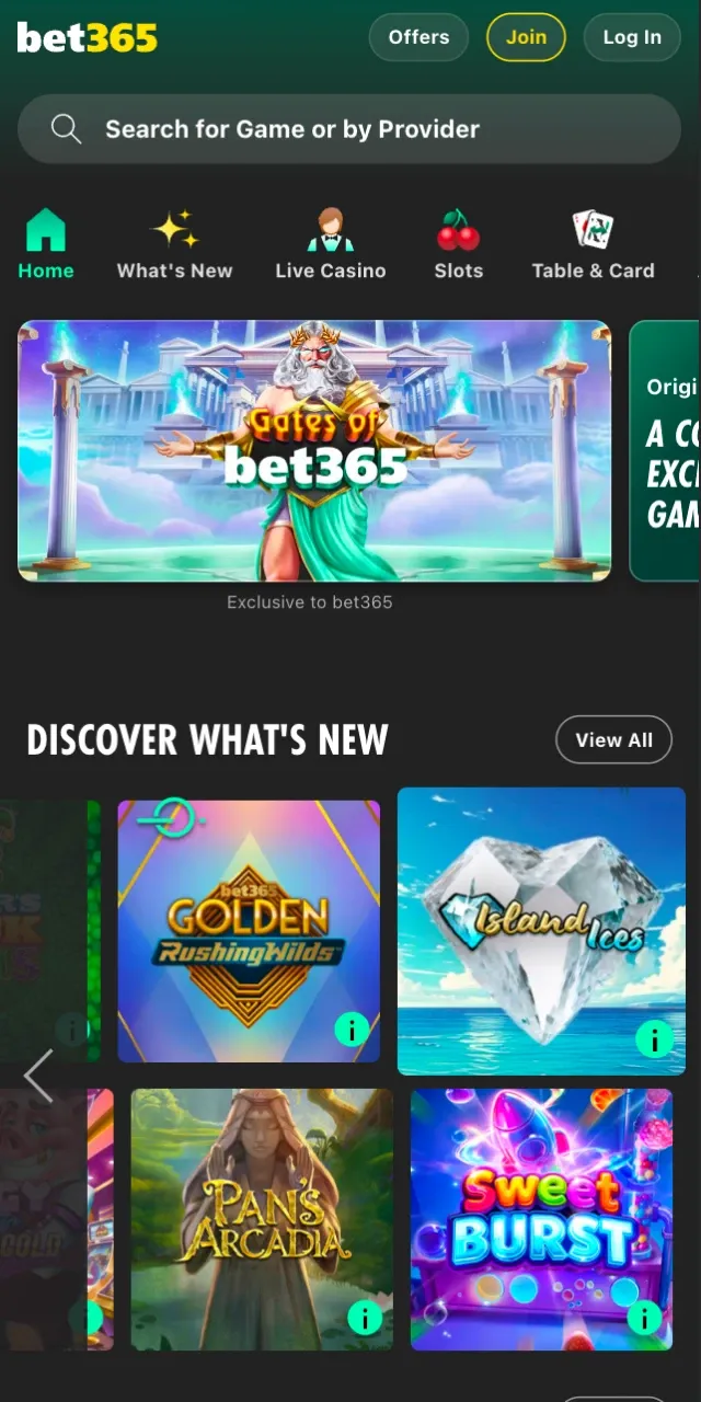 View the casino interface within the Bet 365 App and play popular games.
