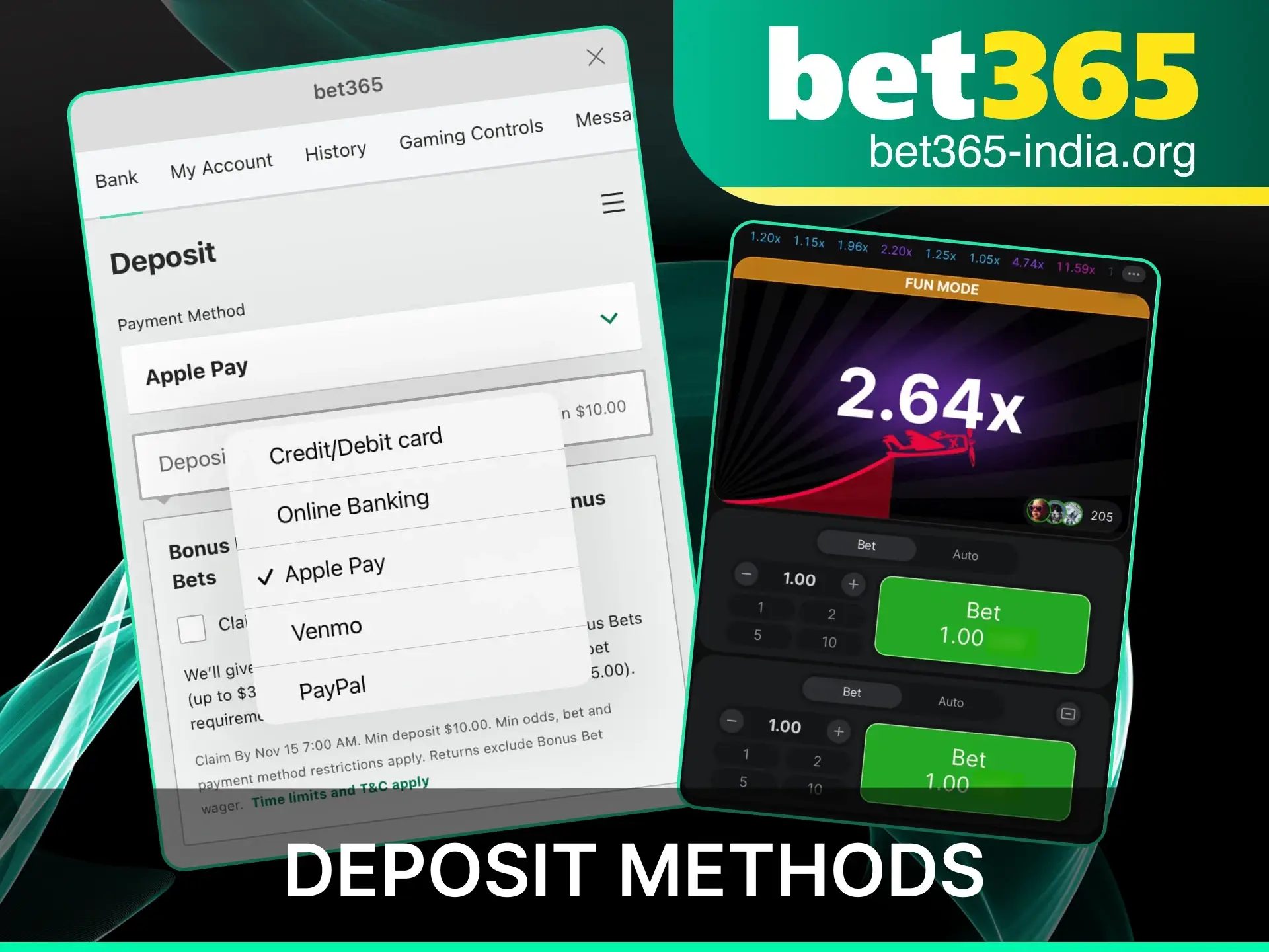 Fund your official Bet365 India account using secure deposit methods to play the Aviator game.