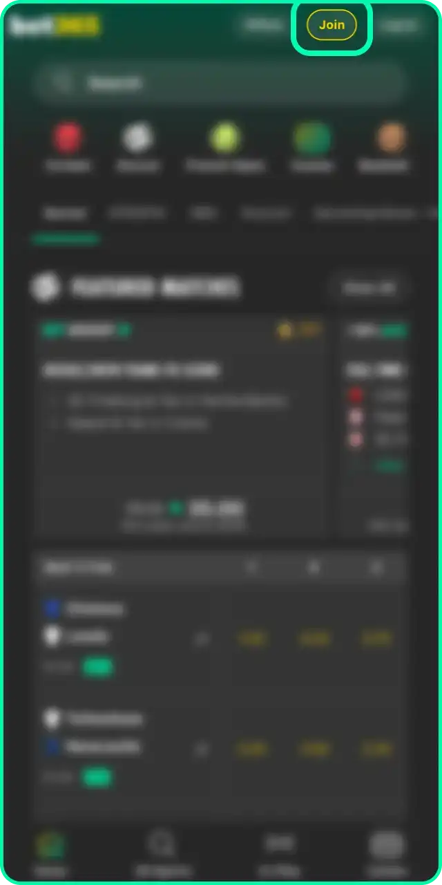 Select your method for registration via mobile app Bet 365 to continue.
